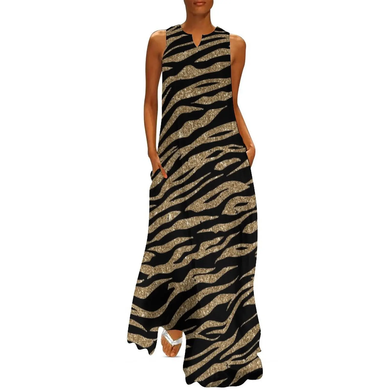 

Gold Glitter Tiger Stripes on Black Long Dress Evening gown wedding dresses for woman