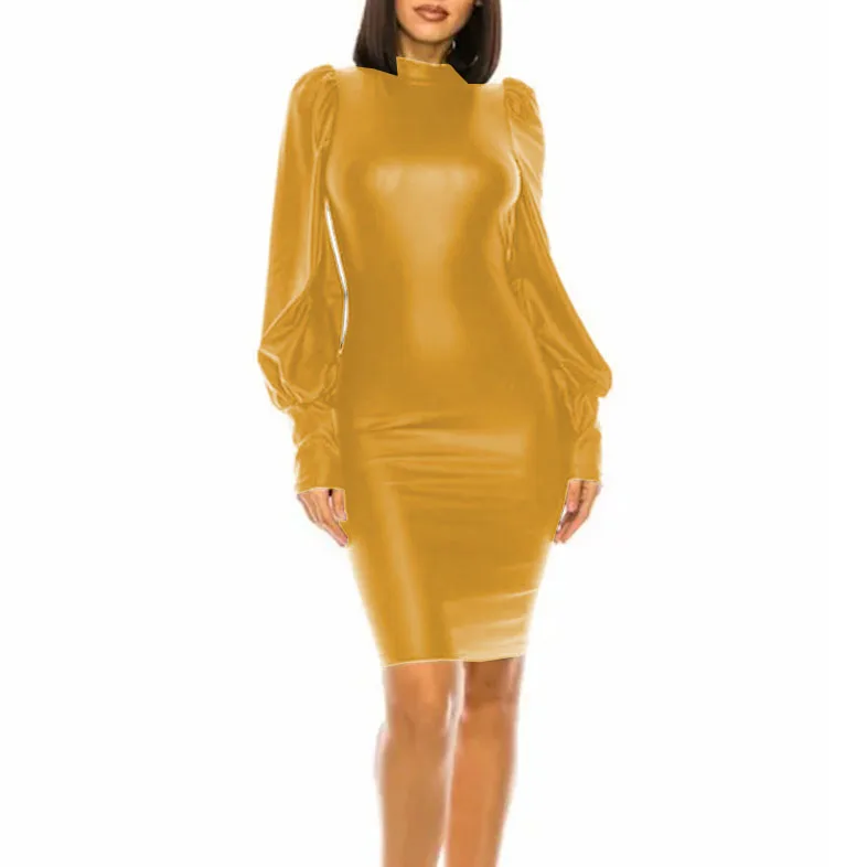 Womens Mini Faux Latex Leather Dress Puff Long Sleeve Mock Neck Solid Skinny Club Dresses High Street Ladies Short Bodycon Dress