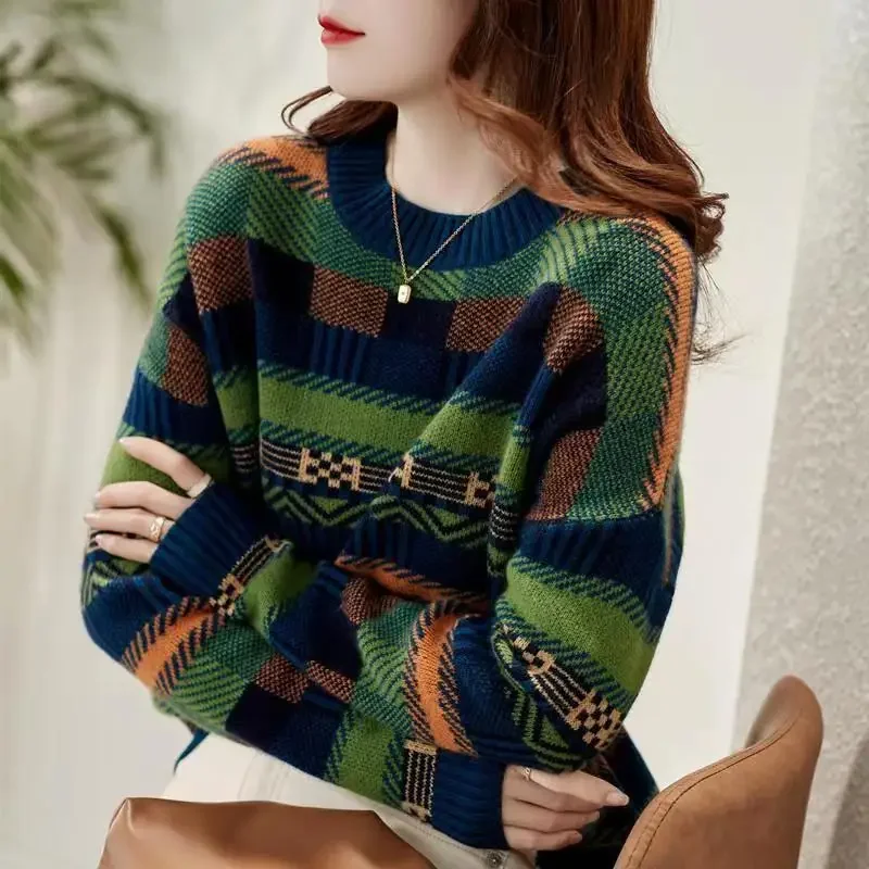 2024 New Autumn Fashion Soft Skincare Versatile Stripe Color Matching Lazy Home Comfortable Thin Knitted Bottom Pullover Sweater