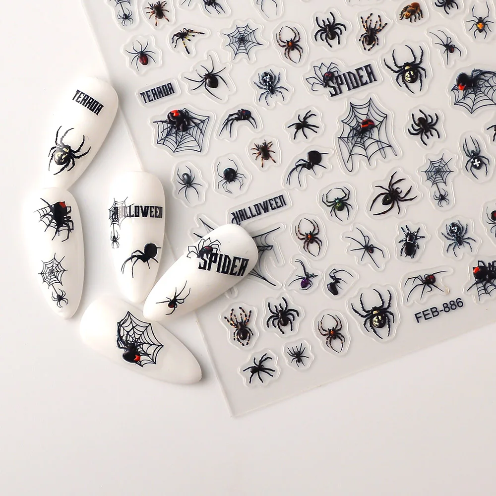 Spider Nail Sticker Black Spider Self Adhesive Halloween Stickers for Hands Customized Nail Art Decorations FEB-886