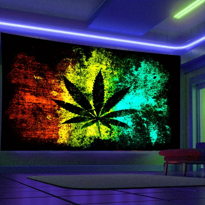 Psychedelic Cannabis Leaf Tapestry Fabric Wall Decoration, Retro Trend Hanging Ornaments, Retro Theme Party Decoration