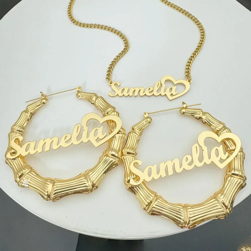 Atoztide Custom Name Necklace Bamboo Earring Jewelry Set For Women Men Personalized Stainless Steel Cuban Chain Birthday Gift