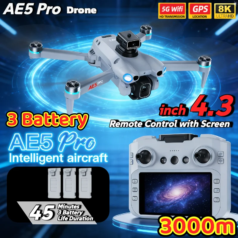 

AE5 Pro Drone 4K 8K Three HD ESC Камера 12,5 см Большой экран RC Бесщеточный 5G WIFI 3 батареи Оптический поток Воздушная съемка для подарков