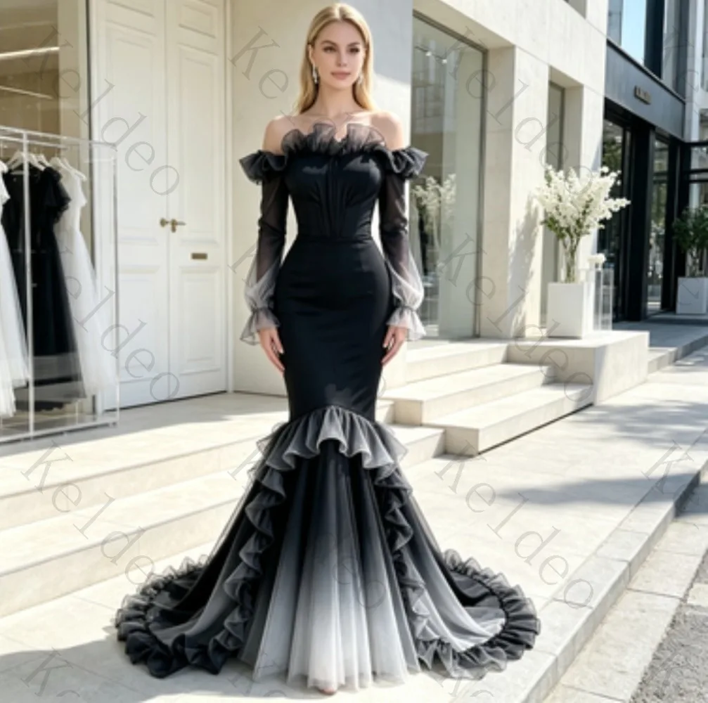 Customized Off‑Shoulder Mermaid Evening Gown Gradient Ruffle Tulle Long Flare Sleeves Floor‑Length Formal Prom Party Pageant
