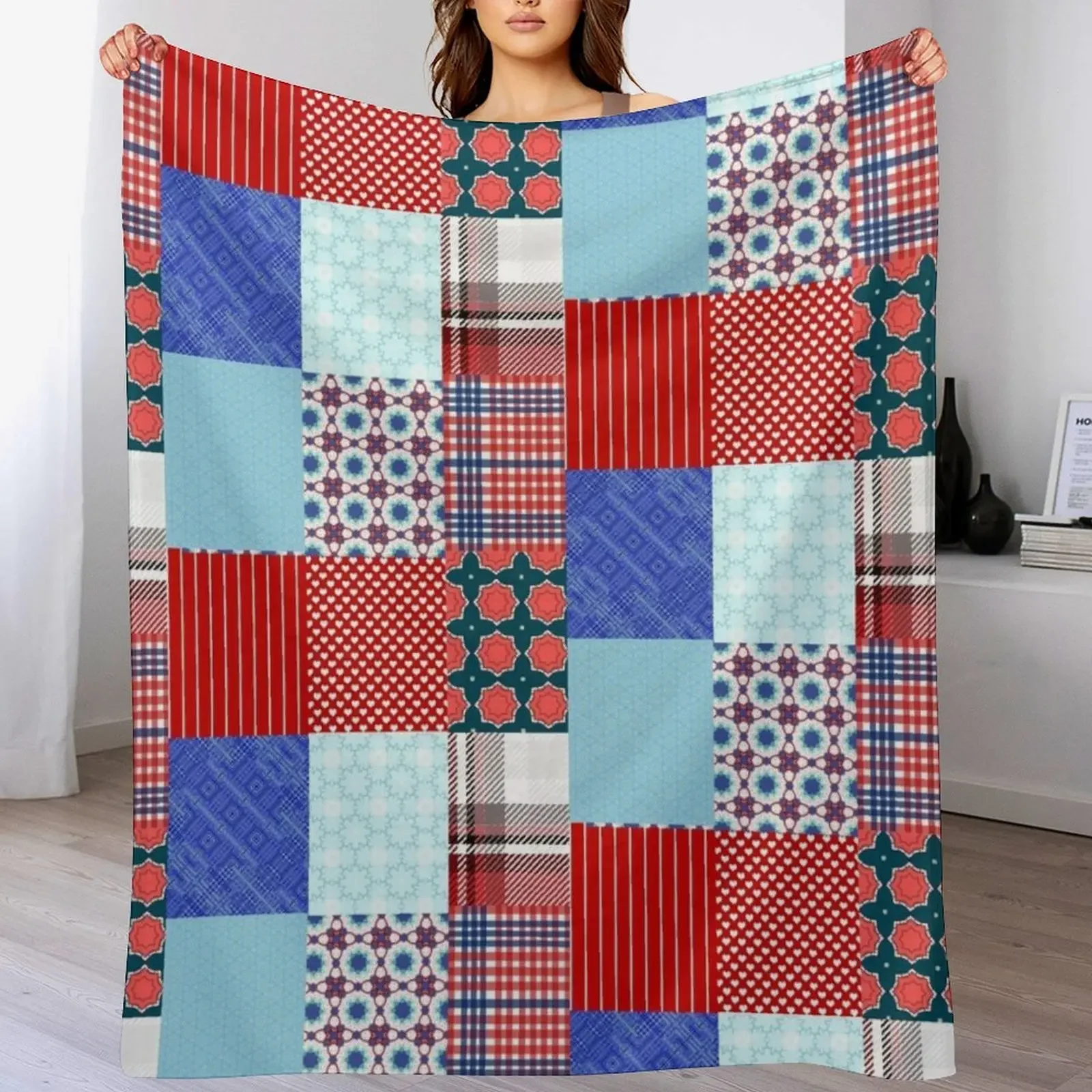 

Patriotic Patchwork of Fabric Throw Blanket Anti Shedding Soft Fuzzy Blanket for Home