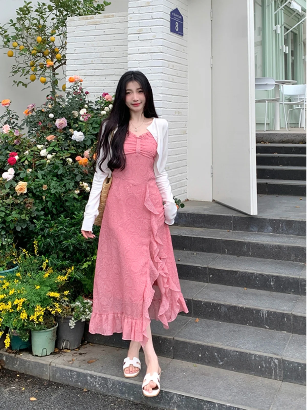

plus Size Sweet Two-Piece Set Summer New Style Sun Protection Cardigan Coat Lace Trim Rose Flower Halter Dress Korean Style