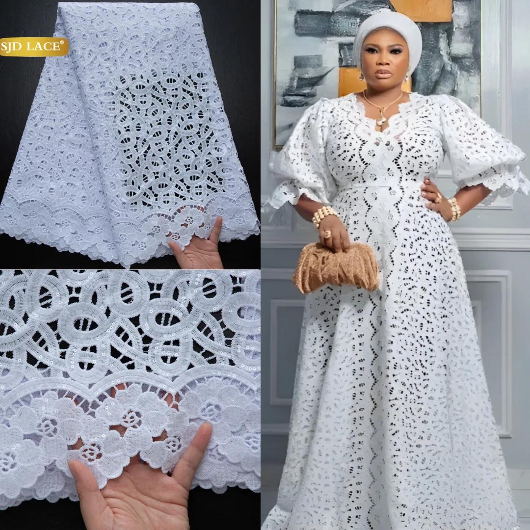 SJD LACE africano nigeriano blanco guipur cordón telas de encaje 2025 nuevo encaje africano Soluble en agua para mujeres vestidos de fiesta 5 yardas4503