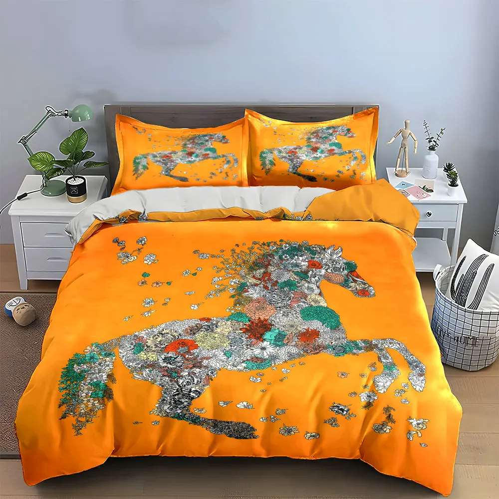 

Floral Horse Art Set Decor Soft Skin-Friendly Bedding Set Includes 1 Duvet Cover And 2 Pillowcase, Gift