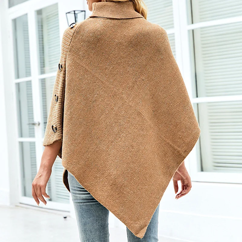 Turtleneck Jumper Knitwear Autumn Winter Oversized Button Poncho for Women Sweater Holiday Vintage Cape Batwing Sleeve Ponczo