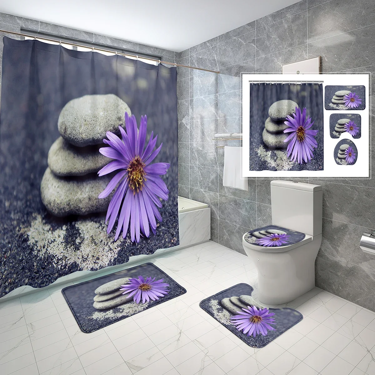 

Zen Plants Flowers Shower Curtain Sets 4 Pcs Bokeh Garden Buddhism Non-Slip Bath Mat Toilet Cover Waterproof Shower Curtain Set