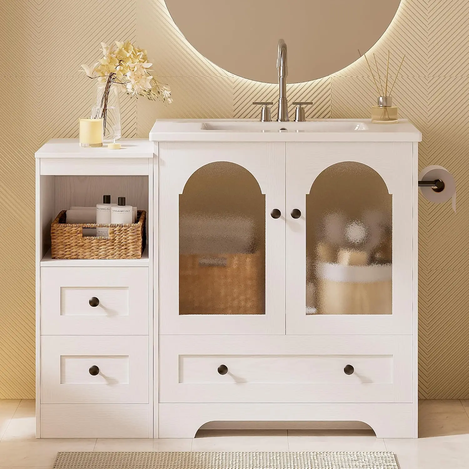 42 Inch Bathroom Vanity with Sink Set, Reversible Design, White | Modern Bathroom Storage Cabinet with 3 Drawers, 2 Visual