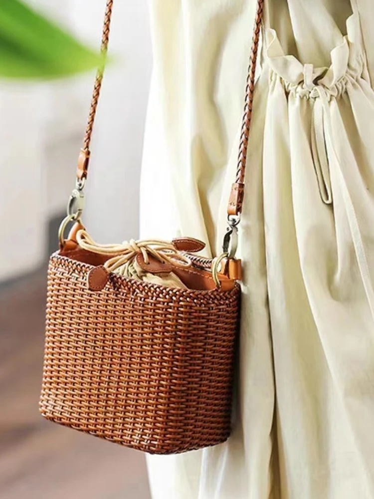 

Осенне-зимняя кожаная сумка-мешок, женская сумка через плечо, маленькая винтажная тканая однотонная повседневная сумка через плечо