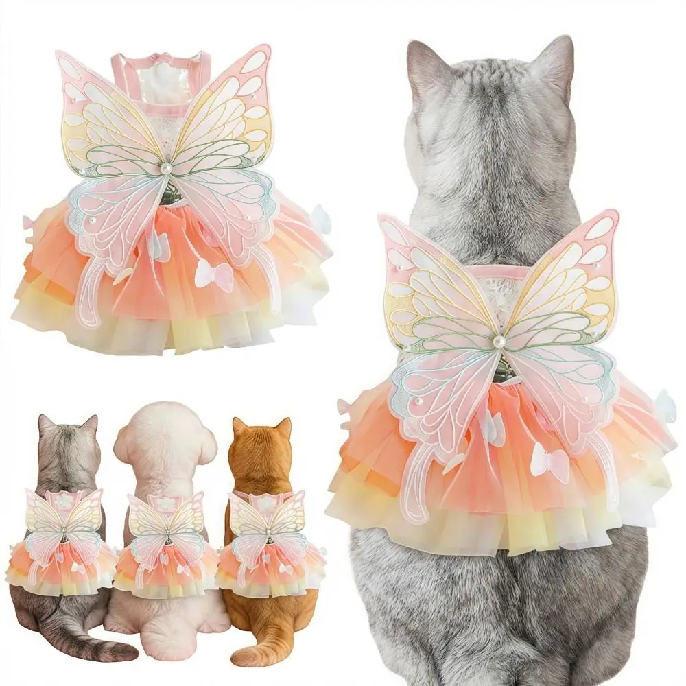 Cute Rainbow Butterfly Cat Dog Dresses Tulle Breathable Tutu Princess Dress Lightweight Lace Pet Sling Dress For Kitten Puppie