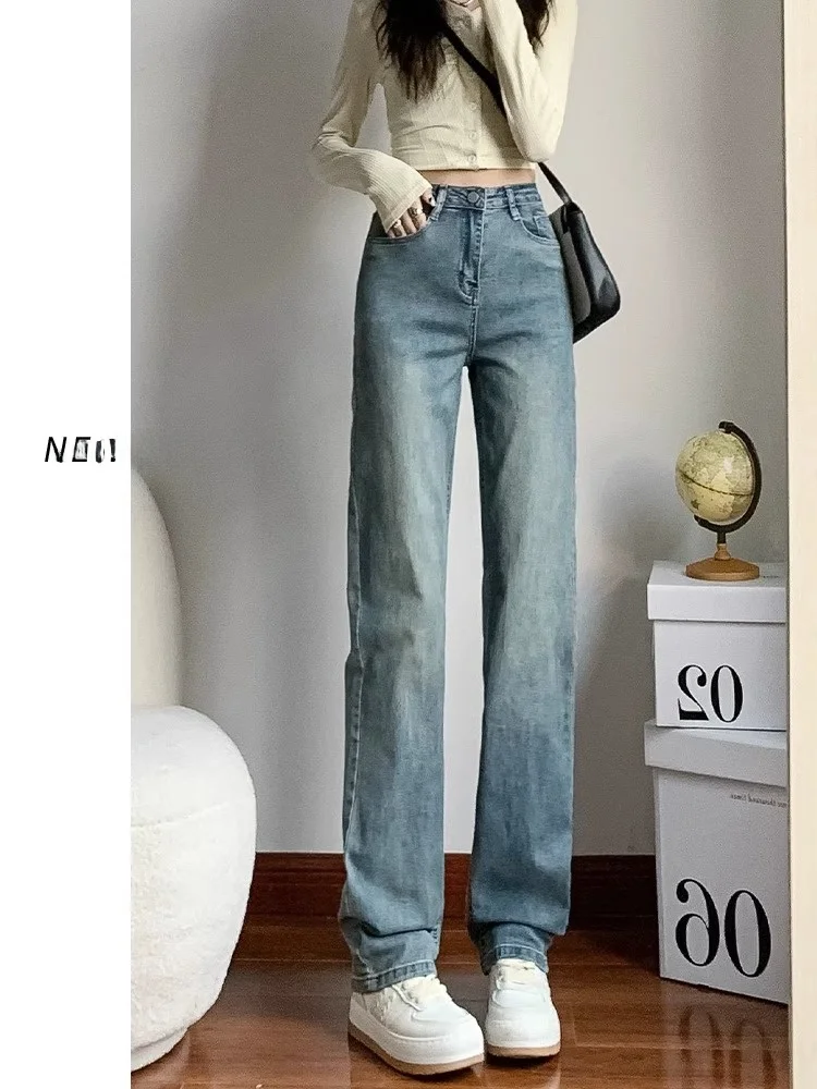 

High Waist Wide Leg Retro Slim Fit Jeans Women's Nine Point Spring Autumn New Style Cotton Elastic Denim Long Pants