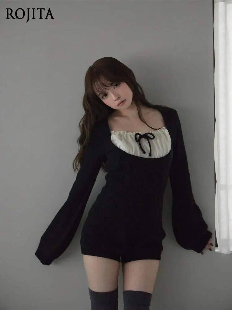 

Butterfly Knot Tie Patchwork Lantern Sleeve Long Sleeve Knitted Top Slim Mini Shorts Set for Women Two Piece Sets Womens Outfits