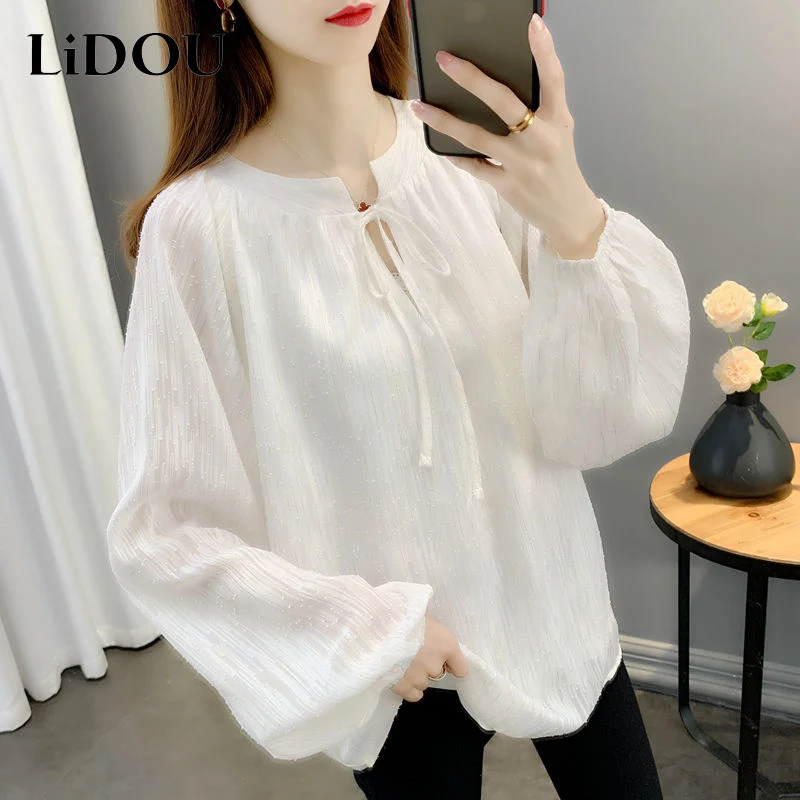 

2023 Spring Summer New Female Clothing Round Neck Bandage Thin Style Lantern Sleeve Pullovers Tops Women Loose Fashion T-shirt