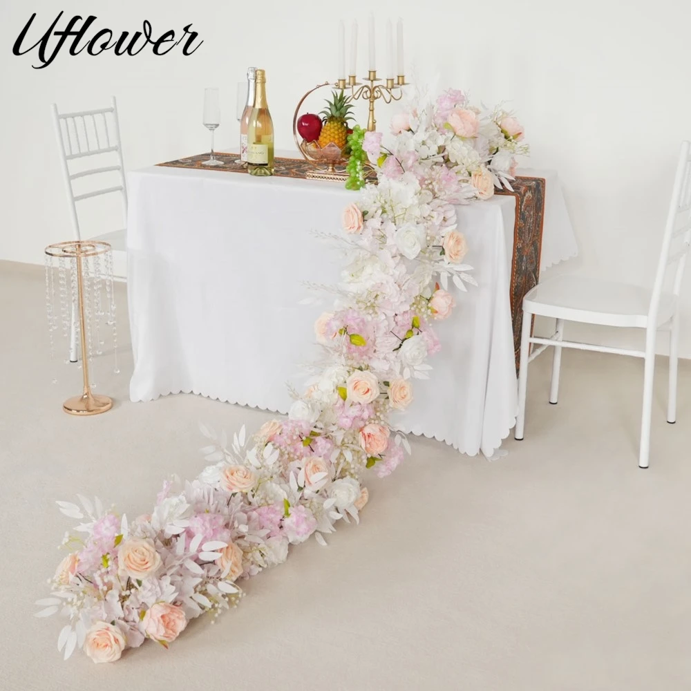 

Uflower 200cm Luxury Pink White Rose Artificial Flowers Wedding Backdrop Arch Decor Flower Row Event Props Flower Arrangement