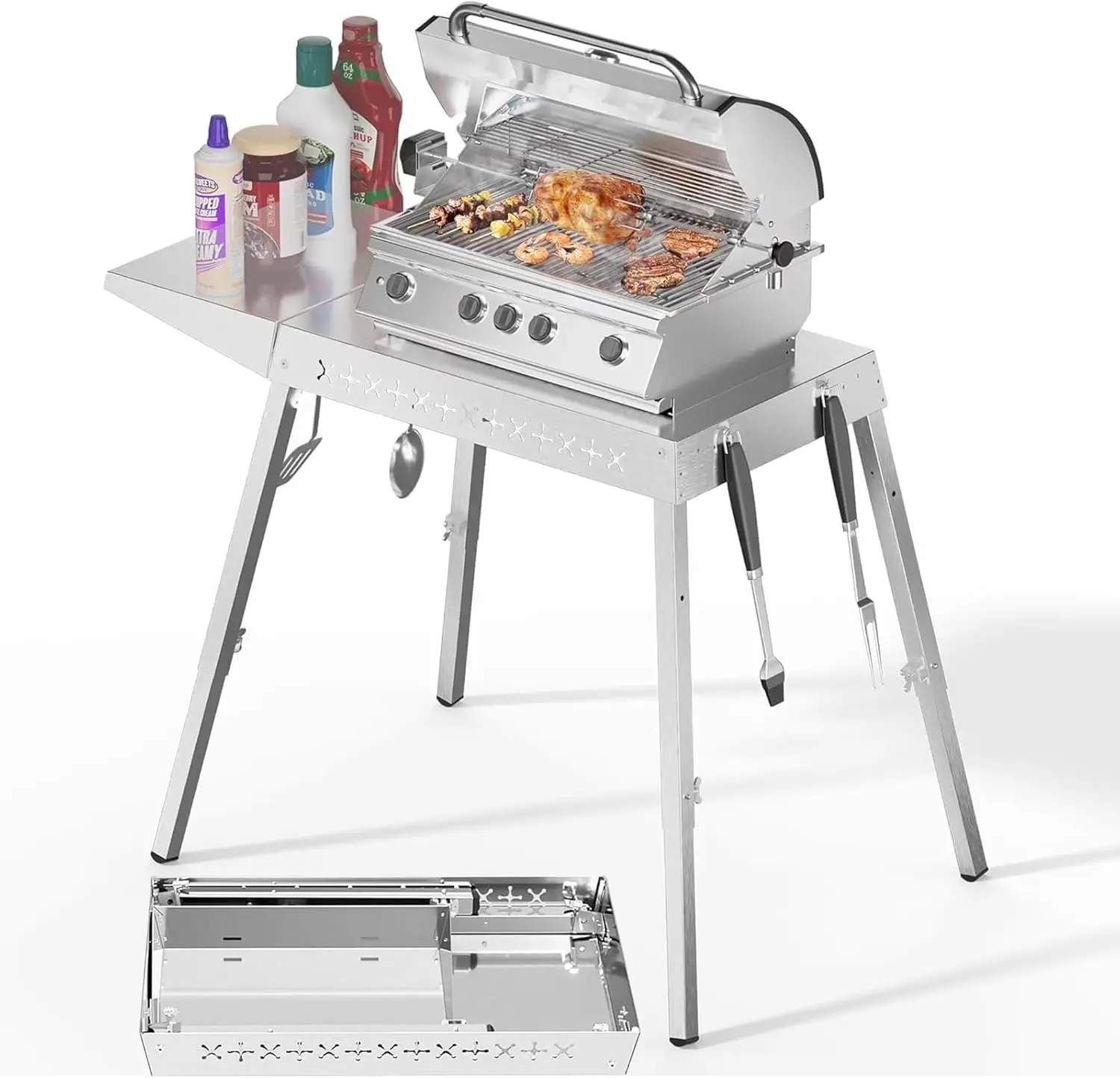 

304 Stainless Steel BBQ Grill Table fits 20'' Tabletop Griddle, Adjustable Folding Grill Table