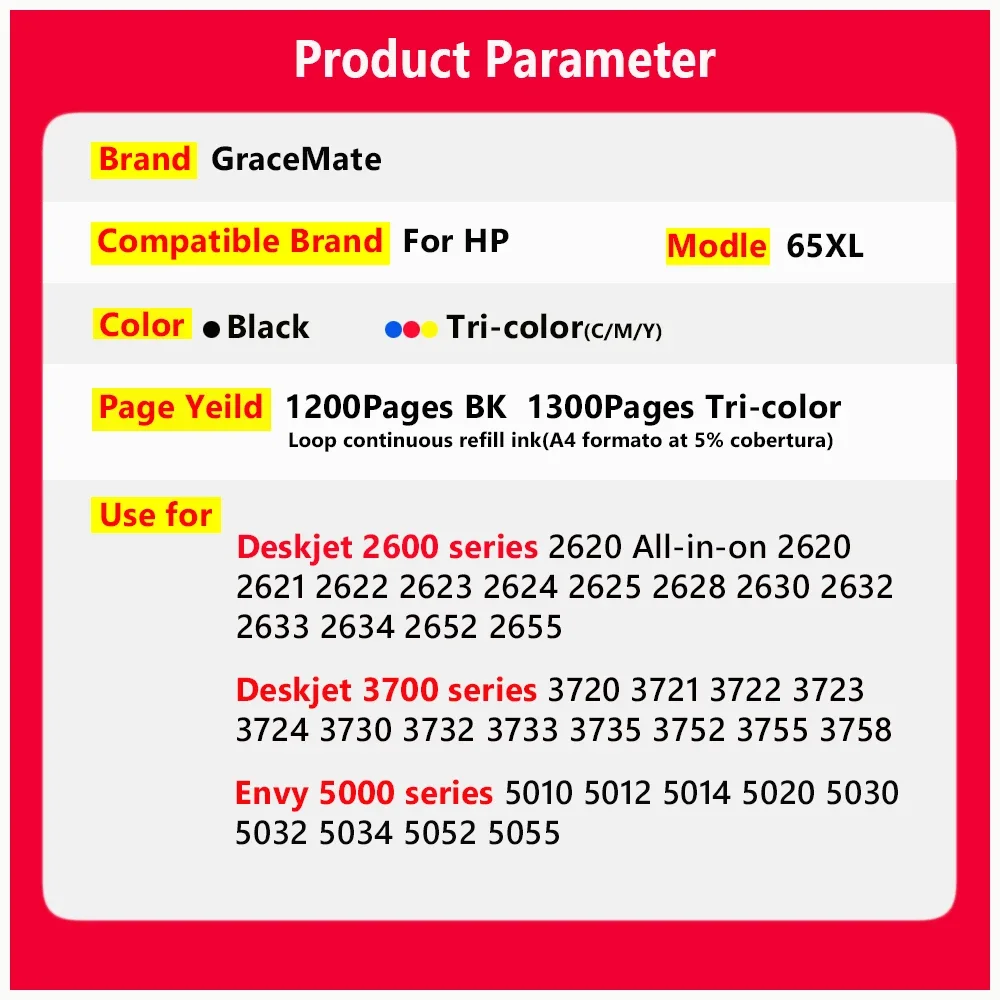 65XL Remanufactured for HP 65 65 XL Refilled Ink Cartridge for HP Deskjet 3720 3721 3722 3723 3724 3730 3732 Printer