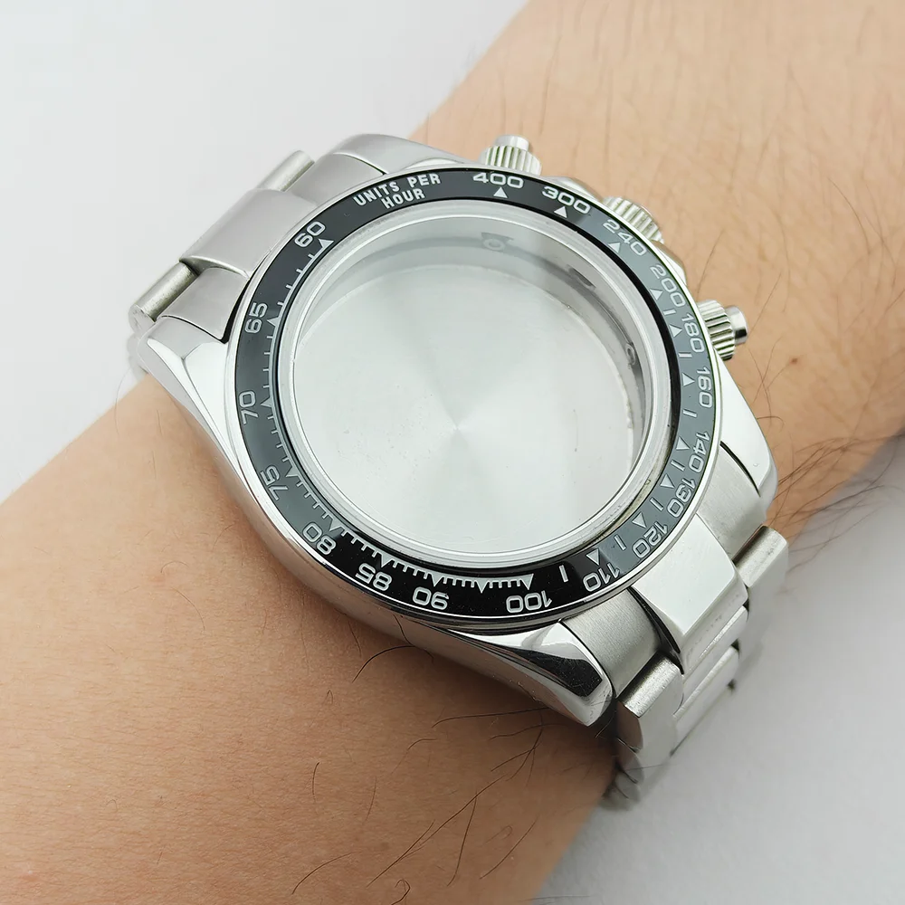 VK63 Case 39mm Sapphire Glass Silver Watch Case Fit For Daytona Style VK63 Quartz Movement Watch Accessories 20mm Bands ﻿