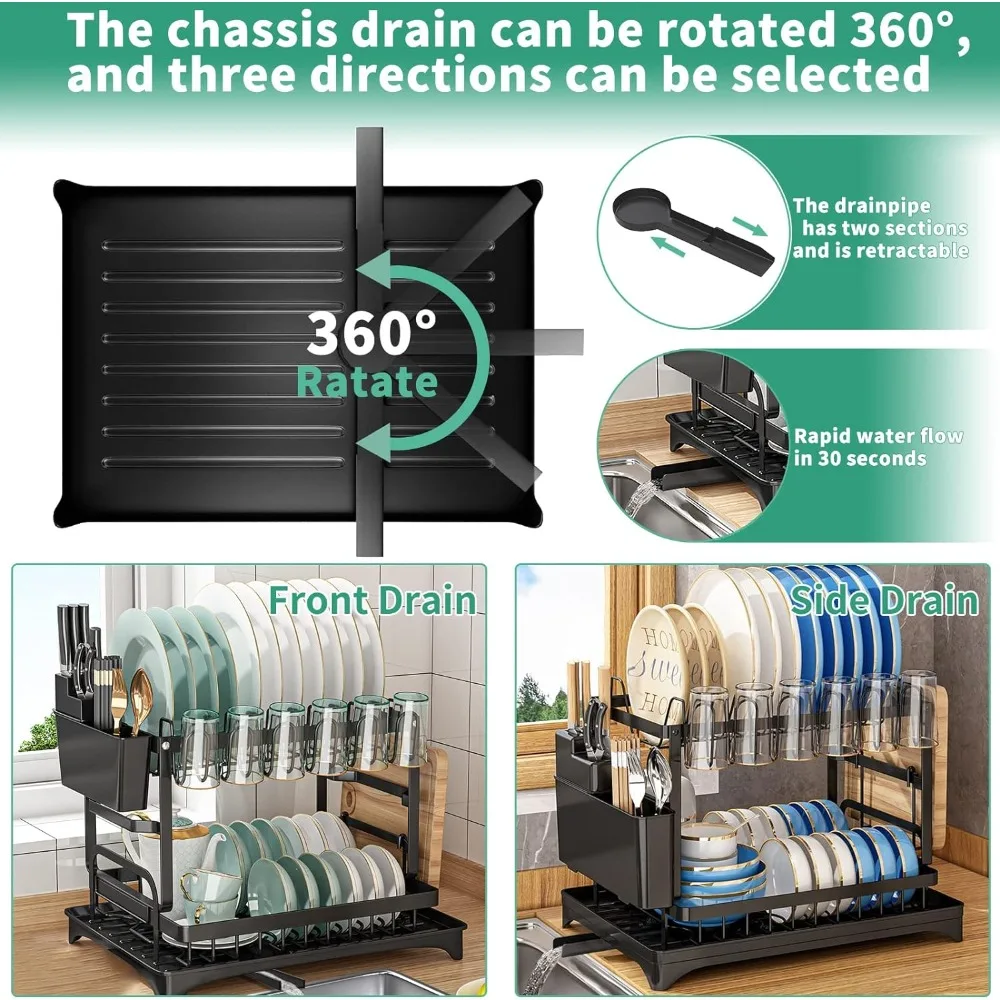 XLMYS Dish Drying Rack, 2 Tier Large  Drying Rack for Kitchen Counter with Drainboard Stainless Steel  Drainer for