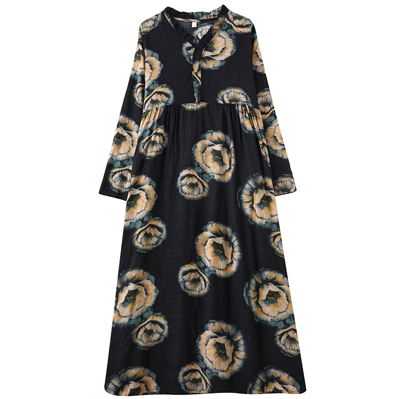 NYFS 2025 ربيع وصيف جديد خمر القطن الكتان فستان طويل فضفاض طباعة كم طويل فستان امرأة رداء Elbise