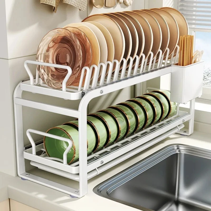 Pull-Out Dish Drying Rack Sliding Cabinet Storage Rack Drawer-Style Tableware Organizer for Plates Utensils Kitchen