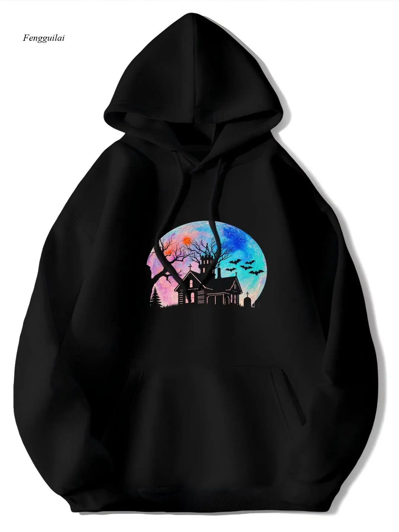 Black Halloween Hoodie with Spooky House, Bats, Gradient Moon & Twisted Tree Print - All-Season Casual Pullover Sweatshirt