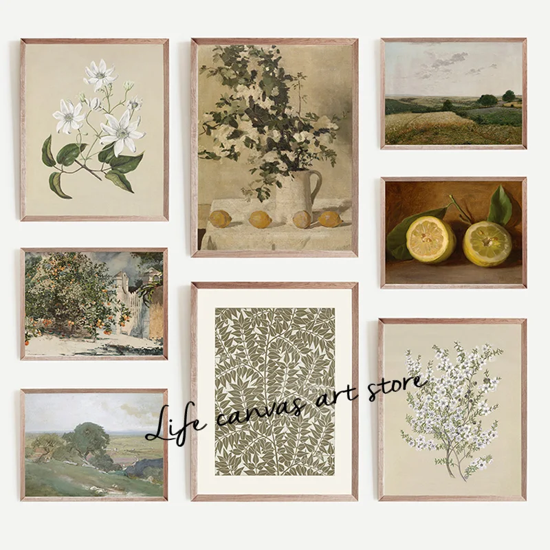 Vintage Gallery Botanical Flowers Fruit Countryside Landscape Art Poster Canvas Painting Wall Prints Picture for Room Home Decor