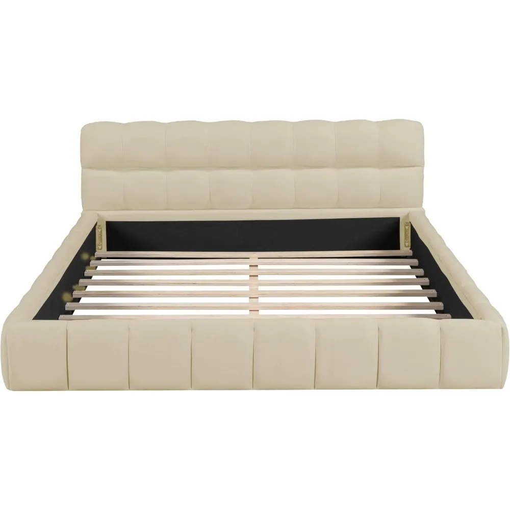 Queen gestoffeerd bedframe met vleugelrugleuning, linnen laag platformbed, geen boxspring nodig, modern queensize bedframe