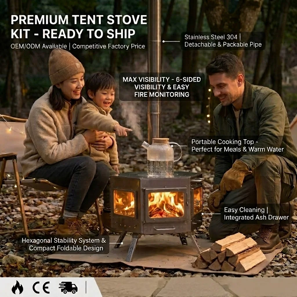 Hot Tent Wood Stove With Chimney Pipe - CE Certified Hexagonal Hot Tent Stove
