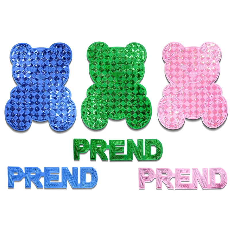 Cute Letter Blue Pink Green Shiny Bear Sequins Icon Embroidery Applique Patch For Clothing DIY Iron on Patch on the Stickers