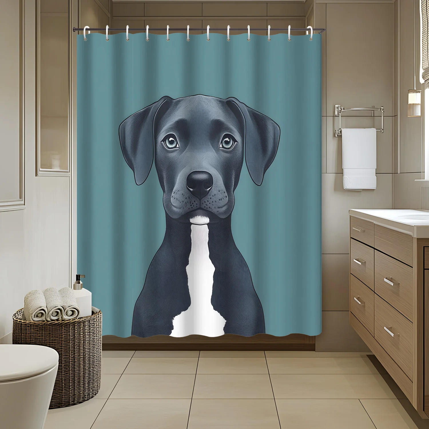 

1 шт., забавная занавеска для душа с мультяшной собакой, черная занавеска для ванной комнаты с 12 крючками, декоративная занавеска для душа для ванной комнаты