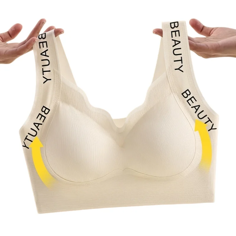 Gerippte BHs, Drahtloser BH für Damen, Nahtlose Unterwäsche, Übergrößen, Wellenförmiger Ausschnitt, Breiter Träger, Buchstabendruck, Stützender Sexy Lingerie, Größen M-3XL – Detail 3