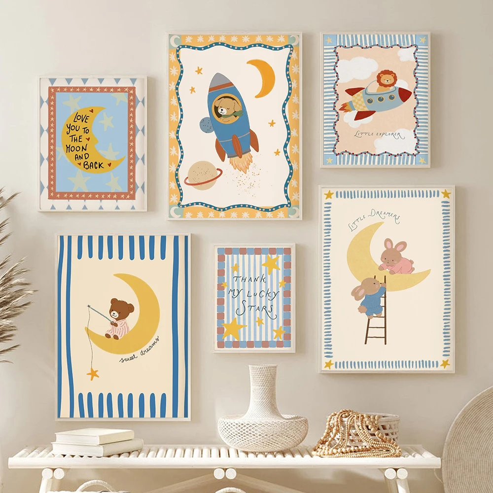 

Space Nursery Print Lion Bear Bunny Wall Art Rocket Nursery Decor Baby Boy Room Poster Moon Stars Kids Room Canvas Painting