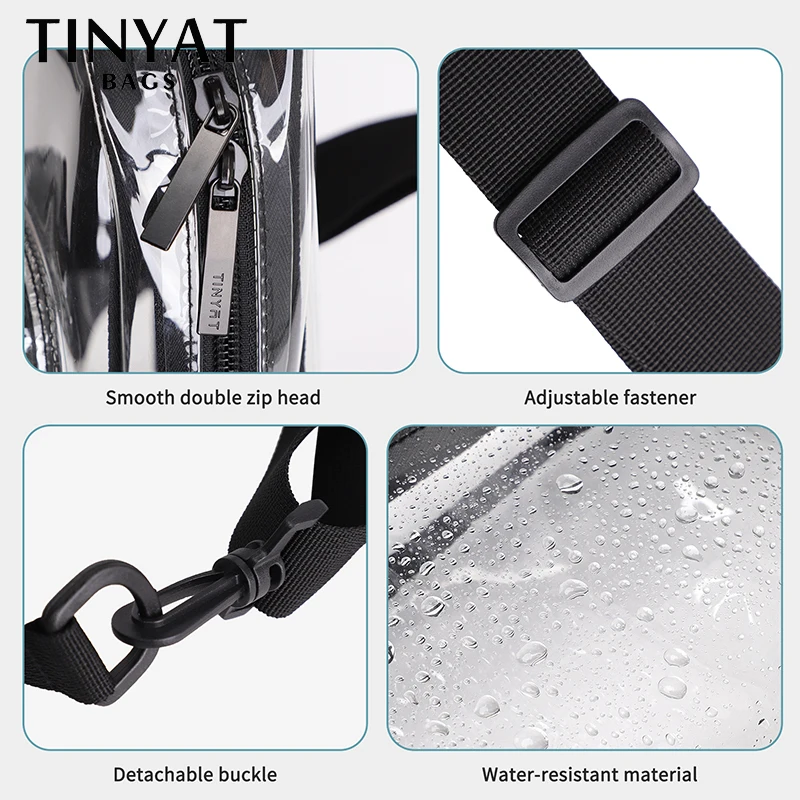TINYAT 2024 Trendy Clear PVC Crossbody Sling Bag for Women with USB and Type-C Transparent Chest Bag for Summer Races Concert