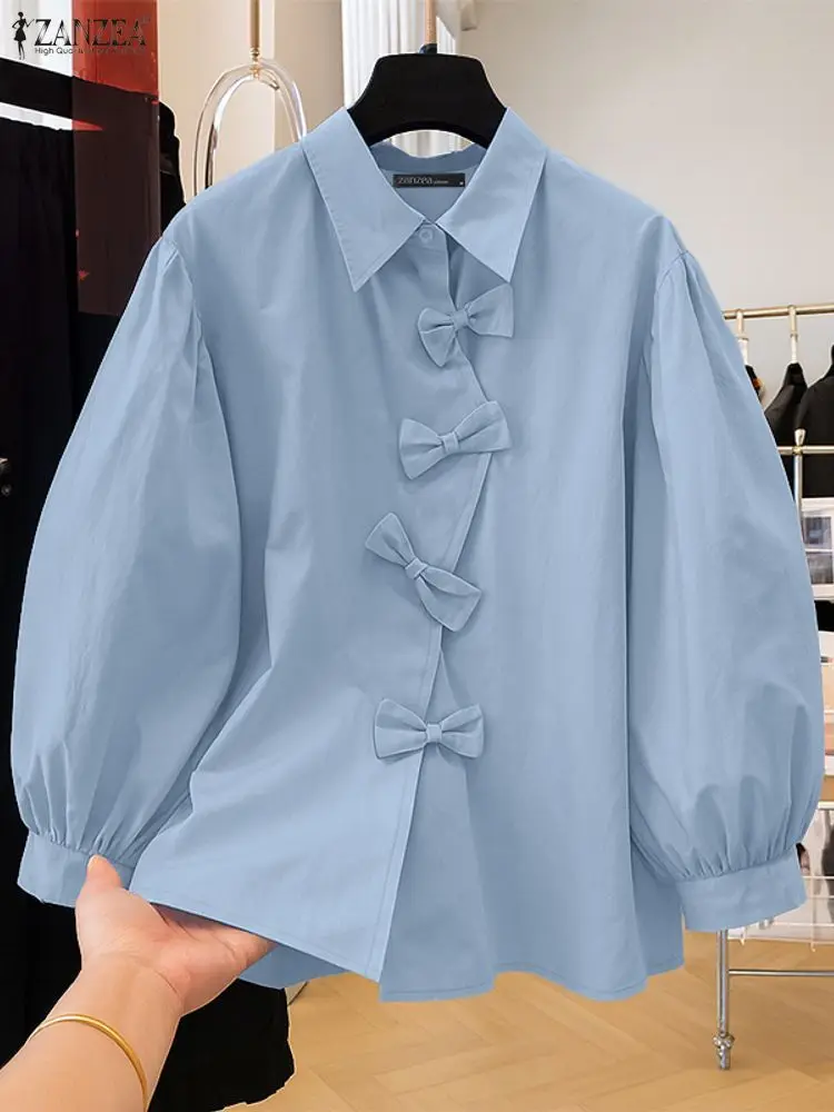

ZANZEA Офисная женская рубашка, осень 2025 г., элегантная блузка с лацканами и длинными рукавами, топы с бантом, стильные однотонные рабочие рубашки на пуговицах, Blusas