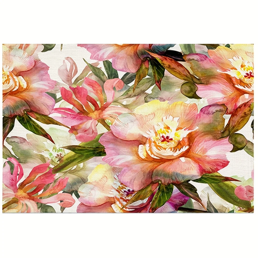 1pc pink Vintage Floral Placemats, Colorful Watercolor Of Pink Flowers Table Mat Linen