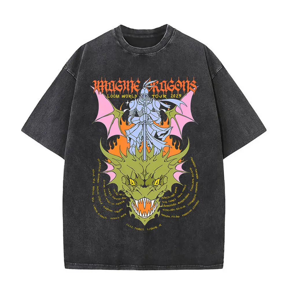 

Washed Vintage Imagine Dragons Loom World Tour 2025 T-shirt Men Women Hip Hop Rock Oversized T Shirt Men's Fashion Casual Tshirt