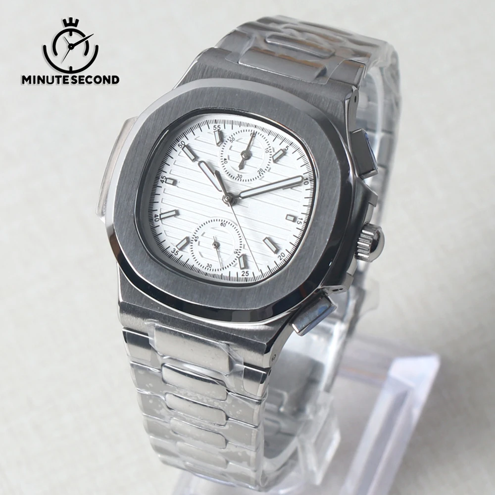 

MINUTESECOND VK61 Watch Quartz Watch VK61 Movement Timing Sapphire Crystal 5BAR Waterproof VK61 White Dial Men's No Logo Watches