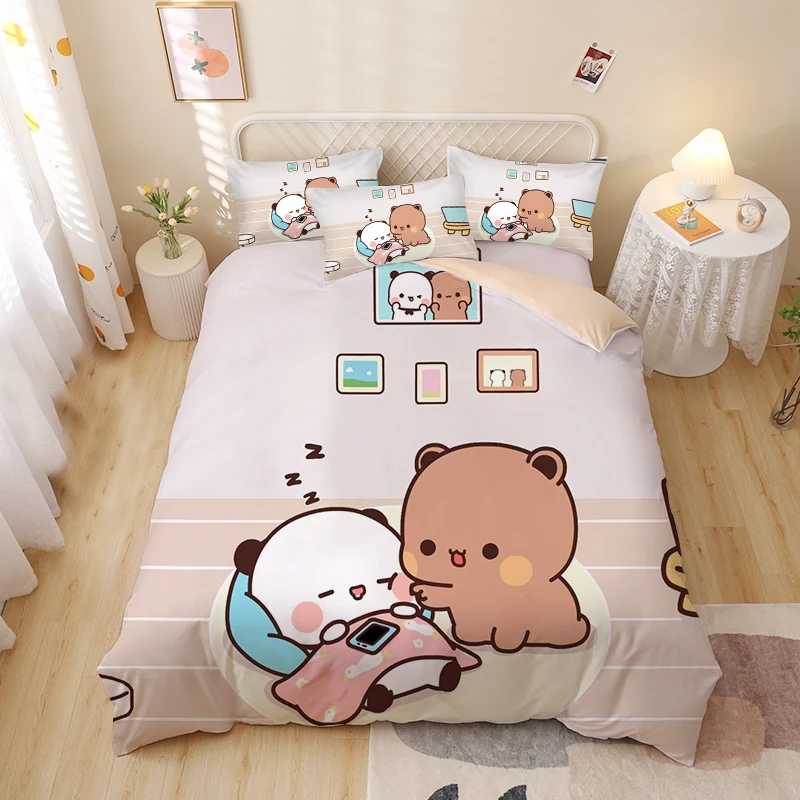 Kawaii Panda Bear Bubu And Dudu Bedding Set 3 Piece Bedding Double Pillowcase Cute Bed Linens Dorm Bedclothes Home Textile Gift