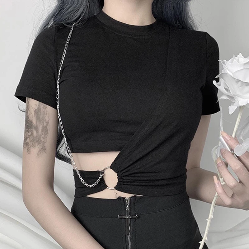 Woman Black Short Sleeve Slim Crop Top Chains Ring Harajuku Punk Cool T-shirts Gothic with Chain Decoration Dropshipping