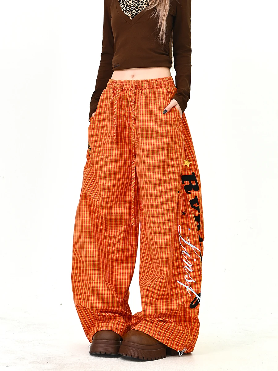 Casual Plaid Embroidered Loose Wide Leg Pants Women's Spring 2026 New Style American Street Fashion Loose BF Trendy Trousers