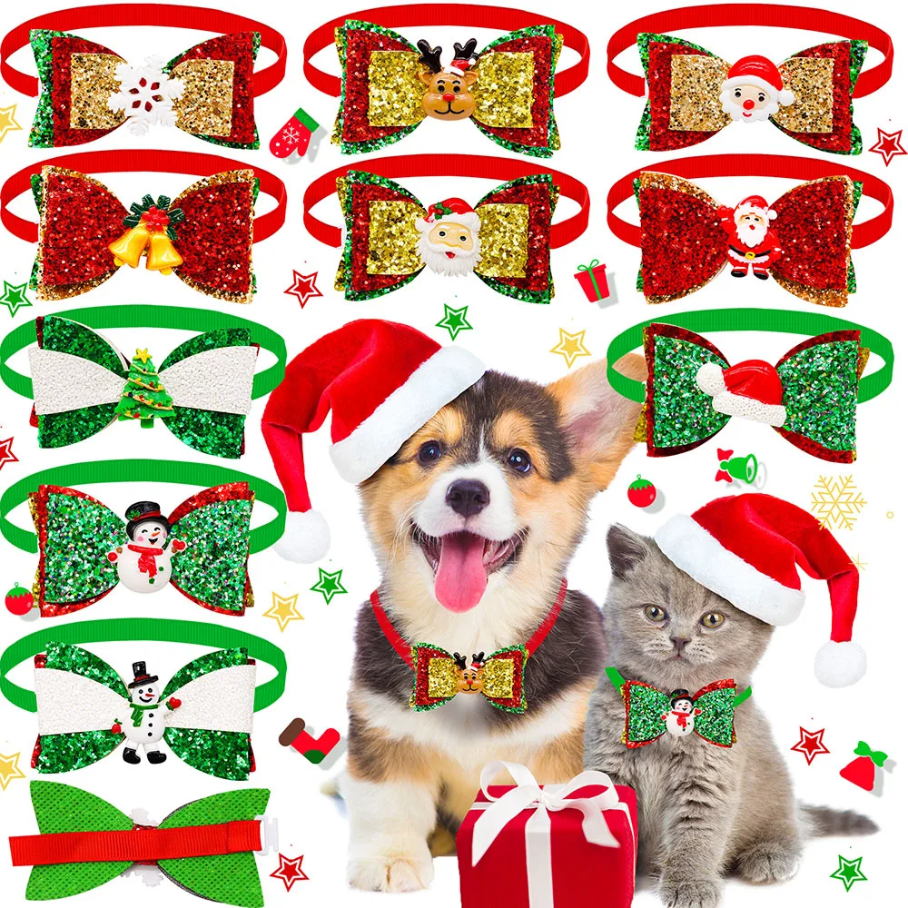 

50pcs Shining Christmas Accessories For Dog Bowties Neckties Samll Dog Bow Tie Collar Christmas Dog Supplies Small Dog Grooming