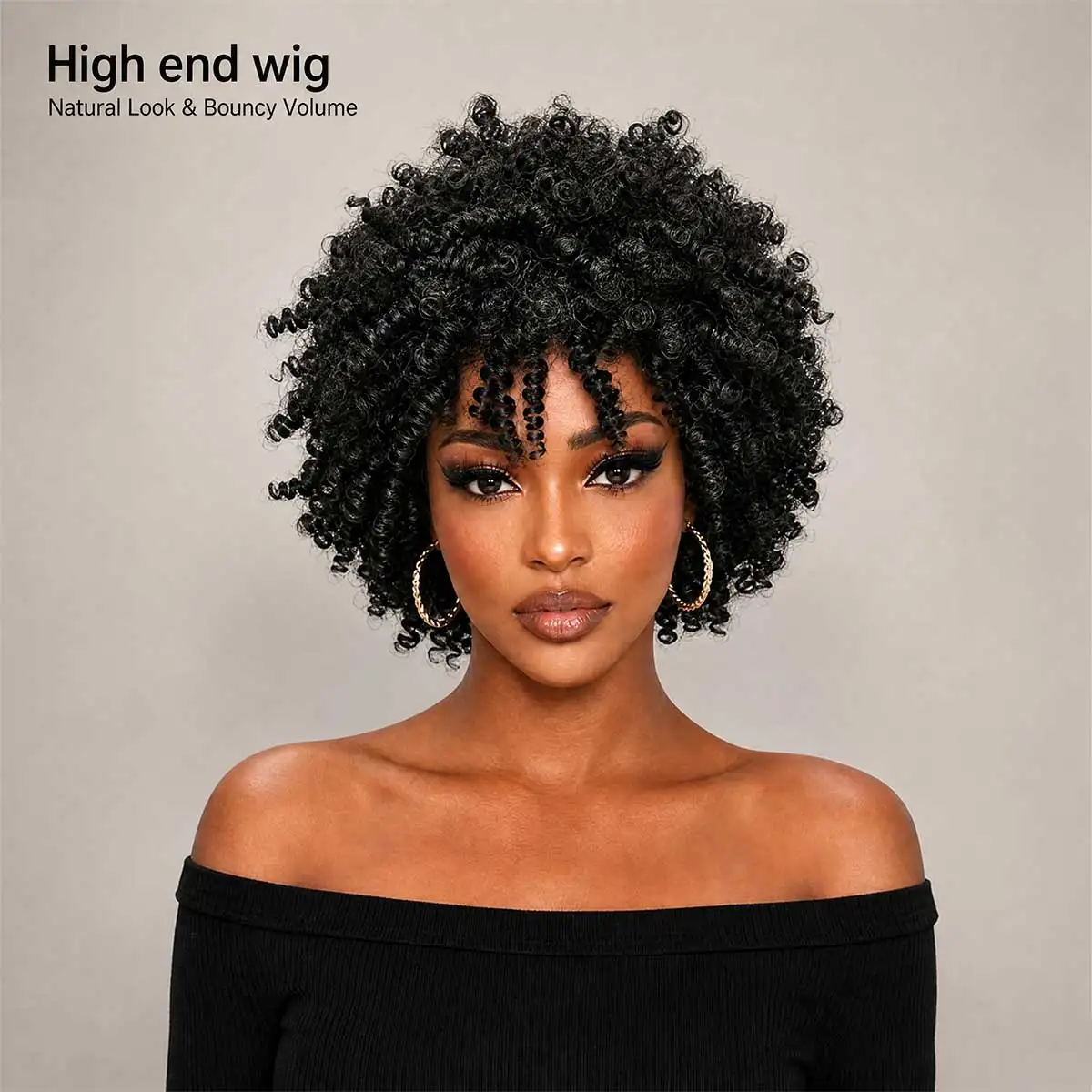 Black Afro Short Curly Wig with Bangs for Women, Heat‑Resistant Synthetic Glueless Wig Bouncy Natural Daily Fashion Wig
