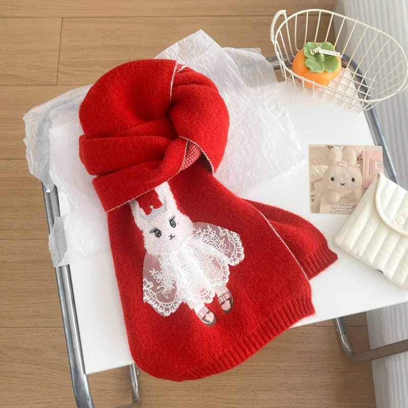 Cute Lace Bunny Knit Scarf Women Winter Warm Soft Neck Wrap Korean Style