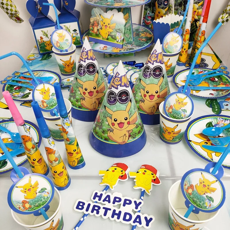 Pikachu Cartoon Party Toys Birthday Balloon Happy Party Supplies Pocket Monster Cup Plate Decorationt Gifts that children like