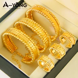 Luxury Arab Gold Color Bracelet Ring Set 21k Gold Plated Copper Fashion Dubai Cuff Bangles Islamic Women Wedding Party Jewelry