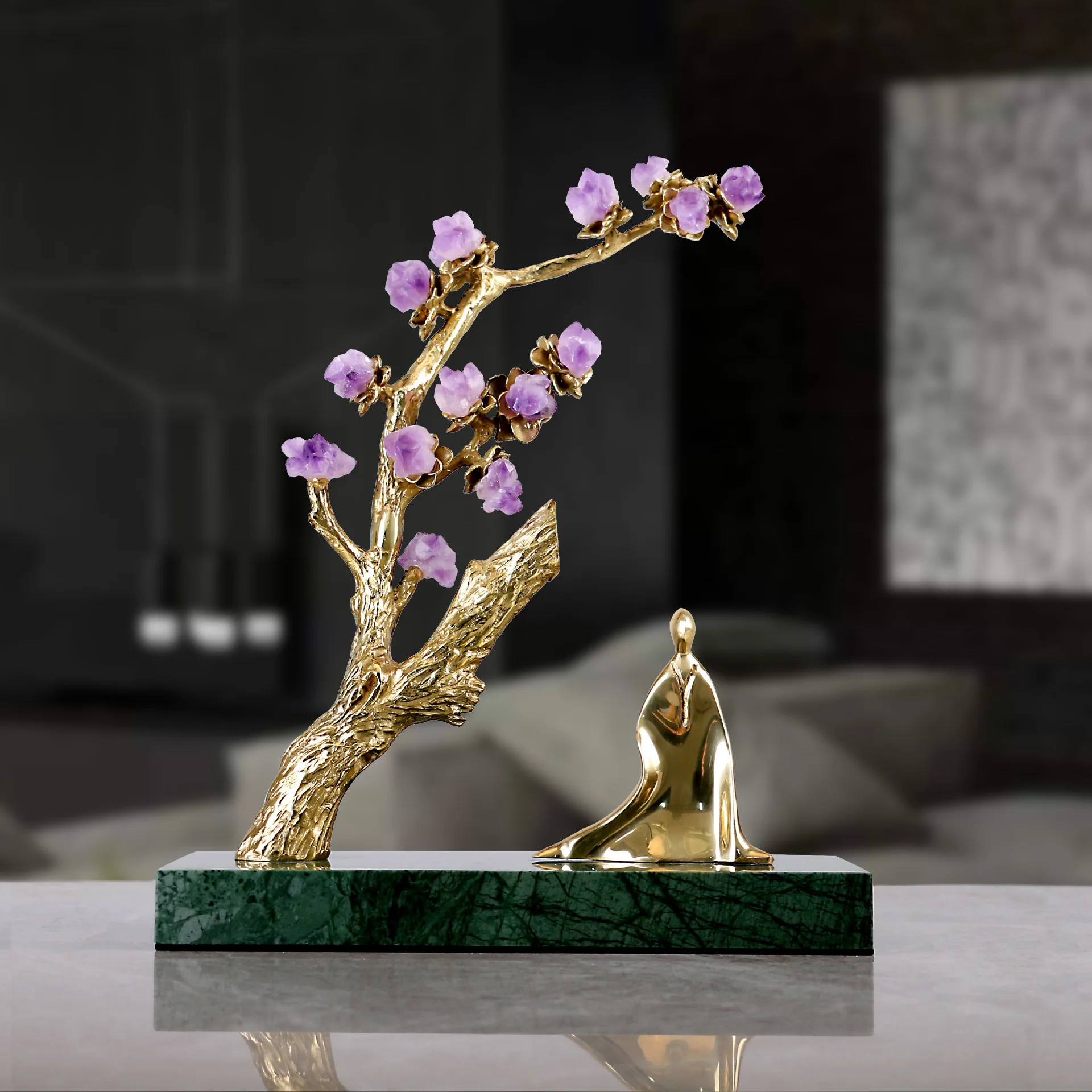 Metal Handicraft Amethyst Golden Tree Crystal Flower Plum Blossom Man Monk Marble Base Figurine Home Decoration