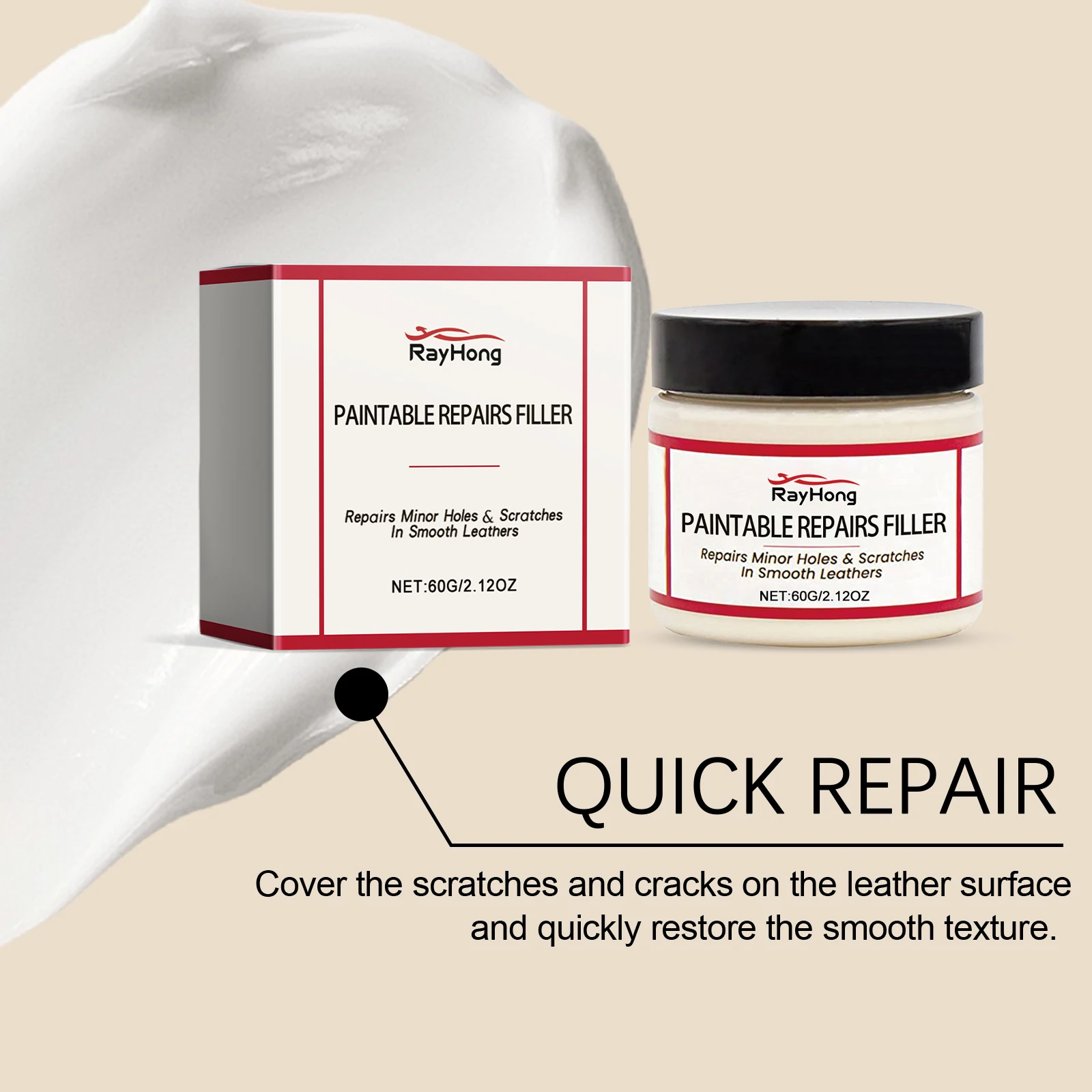 Rayhong 60ml Leather Filling Paste Car Seat Scratch Repair Sofa Leather Damage Refurbishment Paste for Home Furniture